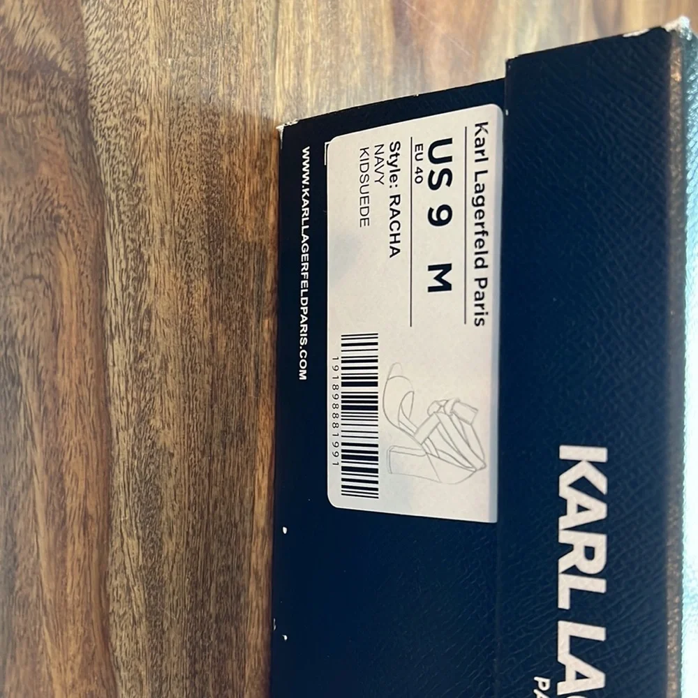 Karl Lagerfeld Navy Blue Suede Wrap-Ankle Block Heel Sandals